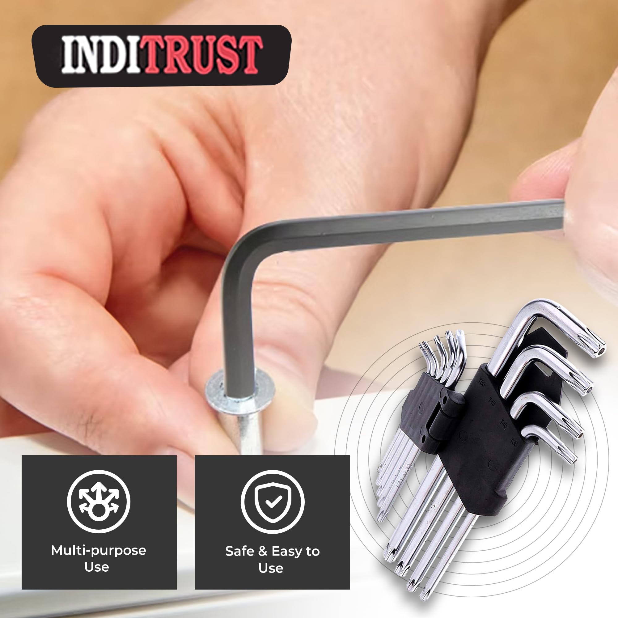 Inditrust Torx/Star Allen Key Set of 9pcs with Hole from T10 to